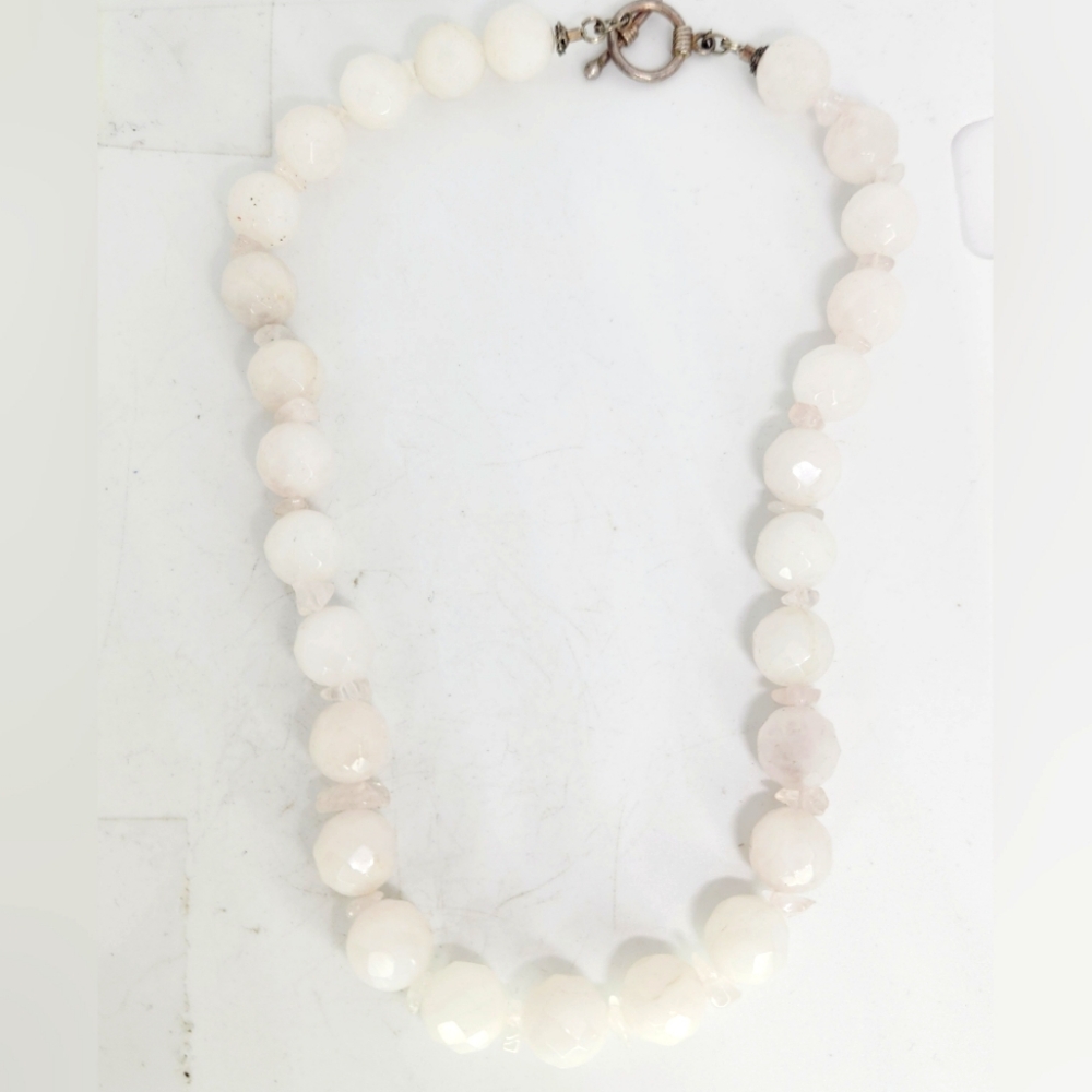 Rose Quartz Necklace Beaded Faceted Stone Sterling Silver Toggle Clasp Chunky